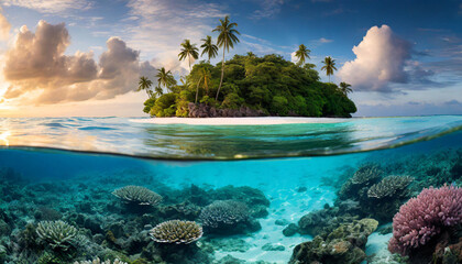 coral reef meets tranquil shores of tropical island under clear blue skies