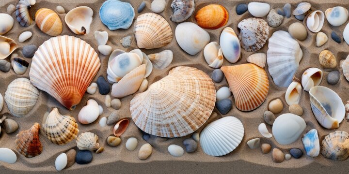 Sea shells and rocks on the beach background