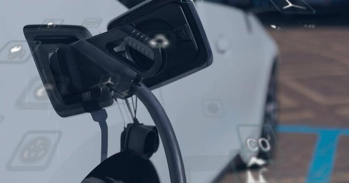 Animation of ecology icons over electric car at charging port