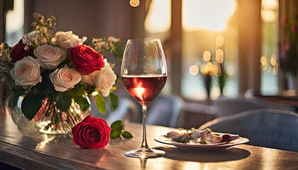 Romantic scene with wine, flowers, and candles, evoking love and intimacy for Valentine's Day celebration - obrazy, fototapety, plakaty