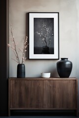 Black framed picture and vase near a wooden chest in a interior living room