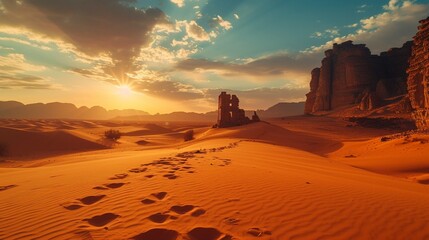 A surreal desert landscape with towering sand dunes, ancient ruins half-buried in the sand, and a golden sunset casting long shadows