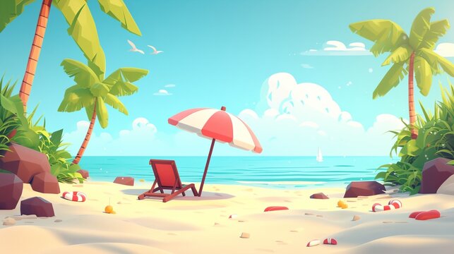 a beach scene with a chair and umbrella