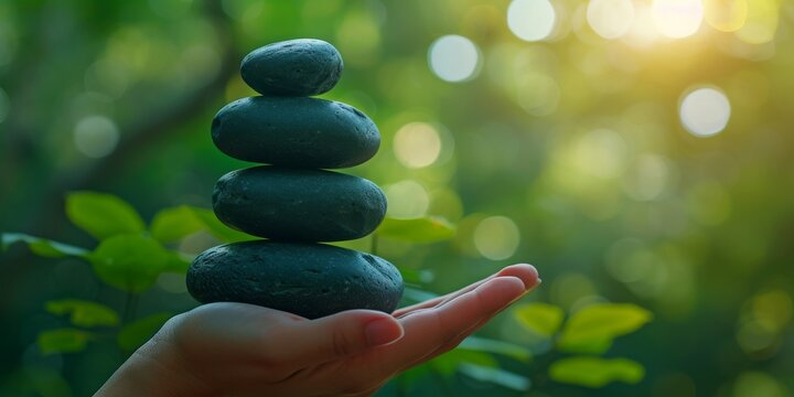 Hand with stack of zen stones with green blurred background