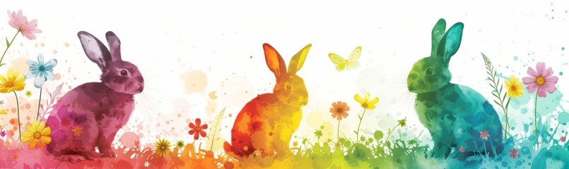 colorful Easter rabbits with flowers Generative AI
