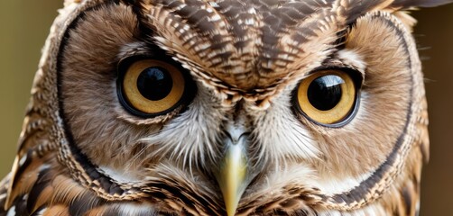 a close up of a brown and white owl's face with a yellow and white stripe around it's eyes.