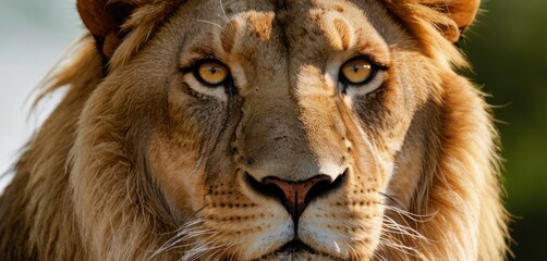 a close - up of a lion's face, with a blurry background of trees in the background.