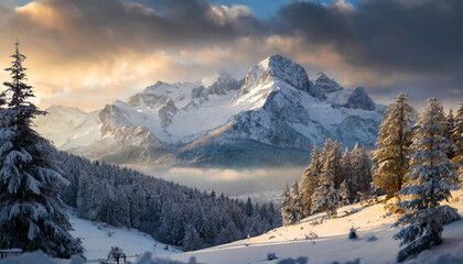 Fototapeta na wymiar winter scene snowcapped mountains under clear sky serene beauty