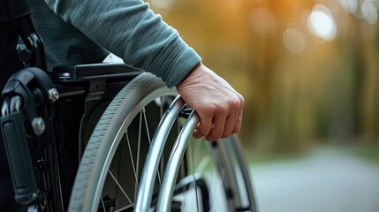 Fototapeta premium Close-up of a hand gripping a wheelchair wheel, symbolizing resilience and determination