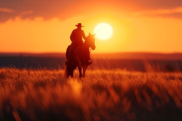 silhouette of a man riding a horse in at sunset - obrazy, fototapety, plakaty