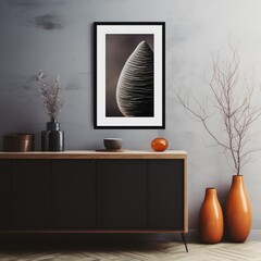 Black framed picture and vase near a wooden chest in a interior living