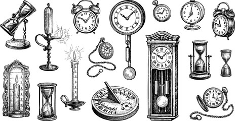 Ink illustrations of antique clocks. - 730302366