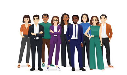 Crowd of happy diverse multiethnic young business people standing together. Isolated vector illustration - obrazy, fototapety, plakaty