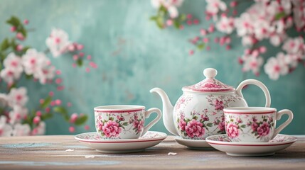 Fototapeta premium An elegant tea set featuring delicate porcelain cups, saucers, and a floral teapot