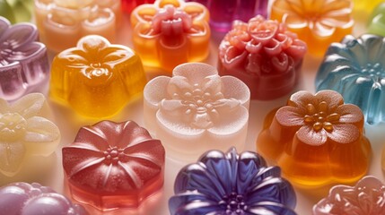 An artistic display of flower-shaped jelly molds, showcasing intricate details and vibrant colors