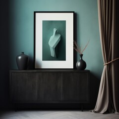 Black framed picture and vase near a wooden chest in a interior living