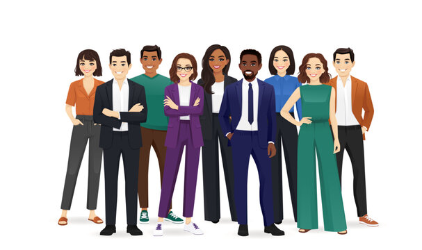 Crowd of happy diverse multiethnic young business people standing together. Isolated vector illustration