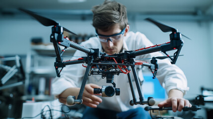 Fototapeta na wymiar Engineer working on a drone with augmented reality tech symbols