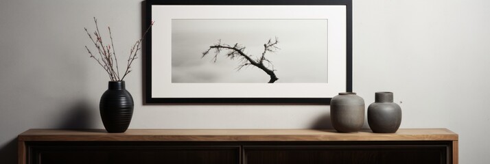Black framed picture and vase near a wooden chest in a interior living