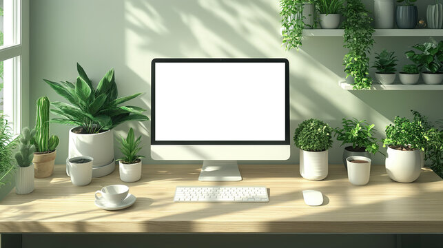 white screen computer for mock-up on a wooden desk with plants.