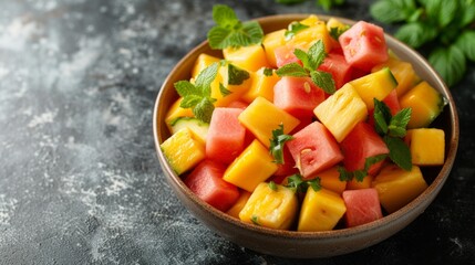 A tropical fruit salad featuring juicy watermelon, pineapple, and mango with a hint of mint