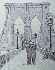 Pointilliste style painting of the Brooklyn Bridge in the snow.