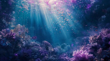 An abstract underwater scene with pulsating bioluminescent creatures, coral reefs teeming with life, and shafts of sunlight penetrating the depths