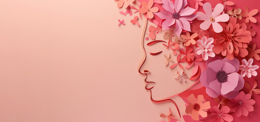 delicate paper cut woman's profile with floral hair design for international women's day banner with large copy space 