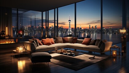A luxurious penthouse interior with a city skyline view