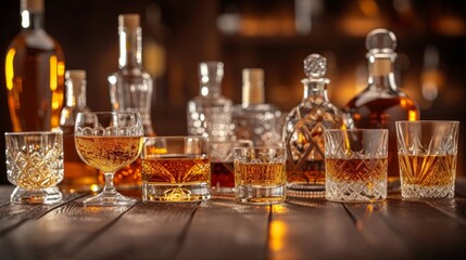 A sophisticated whiskey tasting setup with a variety of aged spirits and crystal glasses