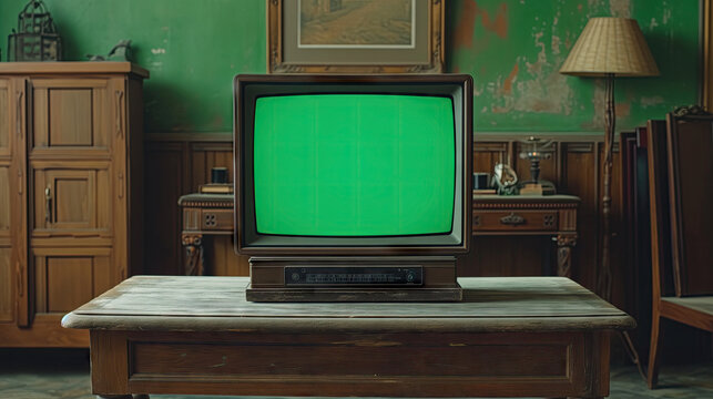 Vintage Television With a Green Screen in the Old Room.