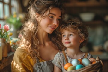 Fototapeta premium Cheerful woman and toddler holding basket full of painted eggs, sharing loving embrace, Easter festivity. Joyous mother cuddles with child, basket of colorful Easter eggs in hand, affectionate bond