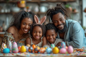 Fototapeta premium Joyful African American family with Easter bunny ears smiles warmly, surrounded by vibrant eggs and crafts. Smiling family wearing gathers around festive Easter eggs, sharing a delightful moment
