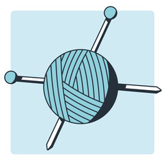 Line illustration of a ball of wool with knitting needles through it, with blue tone and shadow