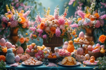 Fototapeta na wymiar Lavish Easter floral arrangement; pastel eggs adornment; festive feast of spring in full bloom.; Extravagant Easter table setting; lush flowers; eggs; symbolizing renewal and joy of spring