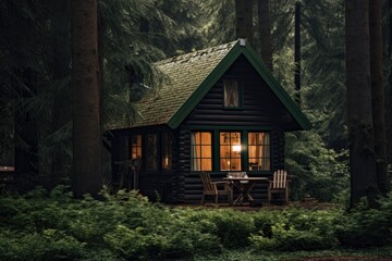 Fototapeta na wymiar Cozy cabin nestled in serene forest, peaceful retreat in nature