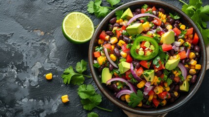 A southwestern-inspired avocado and black bean salad with corn, red onion, and lime-cilantro dressing