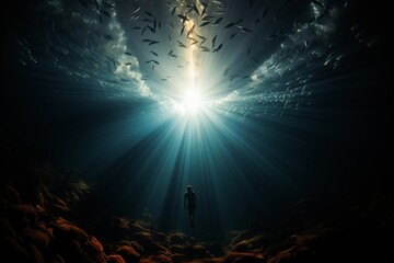 Young woman emerging from dark waters into sunlight with majestic sharks swimming around her