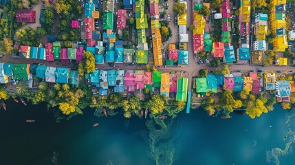 An overhead perspective of a whimsical residential area along the banks of the Kyiv River, where rows of rainbow-painted houses contrast with the serene surroundings