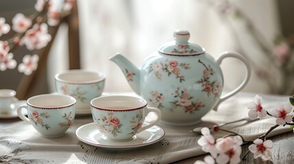 Fototapeta premium An elegant tea set featuring delicate porcelain cups, saucers, and a floral teapot