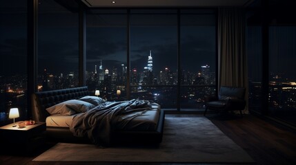 Fototapeta na wymiar penthouse bedroom at night, dark gloomy, A room with a view of the city from the bed 