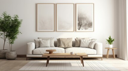 White living room with couch, table and mockup pictures. 3D render
