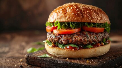 A towering gourmet burger with a juicy patty, lettuce, tomatoes, and a perfectly toasted brioche bun