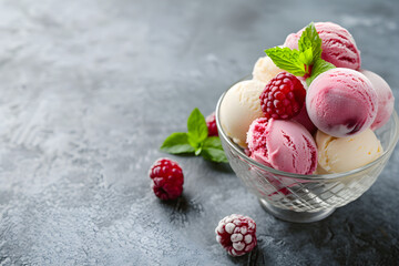 fresh balls of ice cream in a glass bowl. isolated background, copy space. minimalistic. tasty...