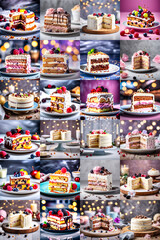 Fototapeta na wymiar Composition of 24 different beautiful delicious fruit cakes for cooking blog or channel