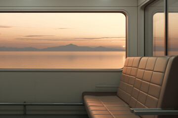 An empty seats in train with window sea and mountains at sunset display. Nature view on the railway road transportation. Generetive AI. - obrazy, fototapety, plakaty