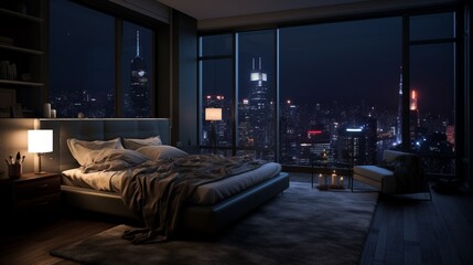 penthouse bedroom at night, dark gloomy, A room with a view of the city from the bed  - obrazy, fototapety, plakaty