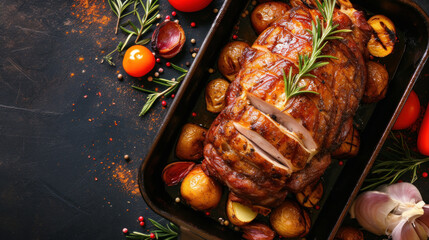 roast meat with potatoes on a dark table, top view, food photography, background