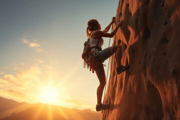 Climber woman climbing a large mountain at sunset. The concept of mountain tourism, travel, leadership, on the top. - obrazy, fototapety, plakaty