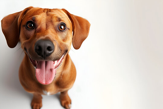 A beautiful dog with tongue out on a light background.